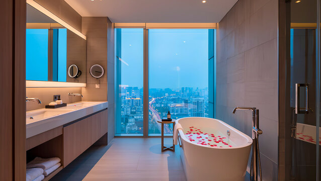 A modern hotel bathroom with a panoramic window overlooking the city at night and a bathtub filled with rose petals.