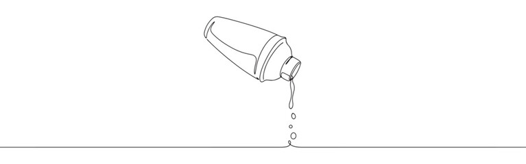 A continuous line drawing of a cocktail shaker tilted, with liquid pouring out into three drops, set against a clean white background.
