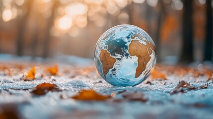 Globe rests on ground amidst autumn leaves and melting snow, reflecting a time of change for our planet