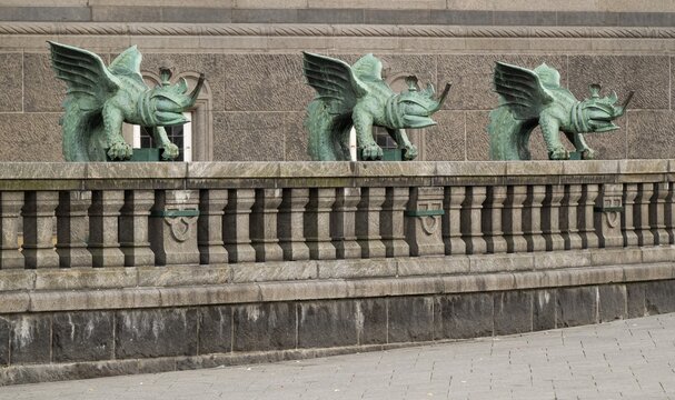 Dragons, bronze statues, Radhus, City Hall, Copenhagen, Denmark
