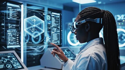 African american scientist using augmented reality interface in a high tech laboratory for research and development with advanced technology and data analysis displayed - Powered by Adobe