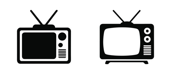 Vintage Television Set Icons Depicting Retro Technology and Design Aesthetics in Black and White