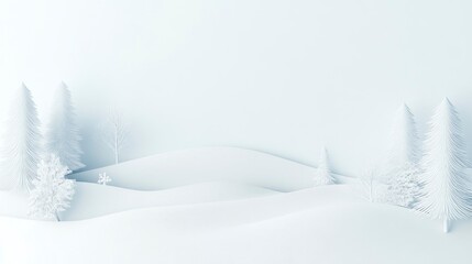 Winter's soft embrace casts a blanket of serene white over rolling hills, trees stand silently in the frosted air