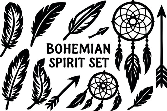 Bohemian spirit feather arrow and dreamcatcher vector set for creative design and decoration projects