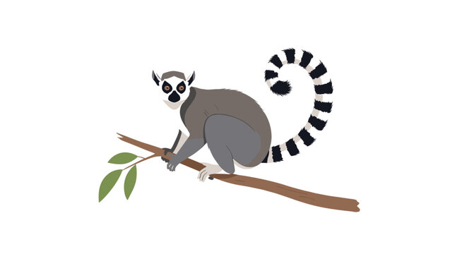 A cute cartoon ring-tailed lemur with its striped tail curled upwards, sitting on a tree branch with green leaves.