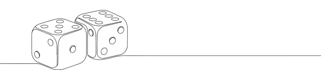 A continuous line drawing featuring two dice, symbolizing chance and gaming on a plain white background.