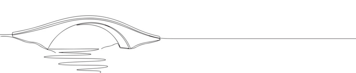 A continuous line drawing of a small, arched bridge spanning calm water with a reflection, rendered in a minimalist style against a white background.