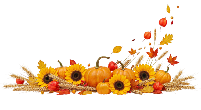 Autumnal arrangement of sunflowers, pumpkins, wheat, and colorful leaves isolated on transparent background creates a festive and inviting atmosphere, perfect for fallthemed designs and projects