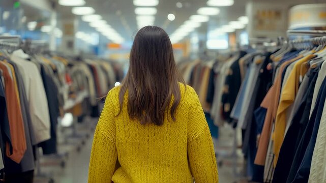 Woman in Yellow Sweater Walking Through Clothing Racks in Bright Retail Store Aisle