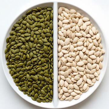 Green and white pumpkin seeds divided on a white plate pepitas