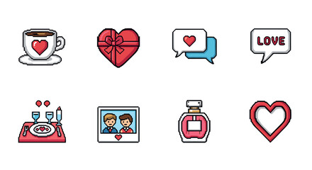 Pixel art love icons romantic symbols with heart, gifts, and messages