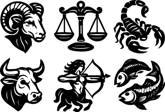Zodiac signs Aries Taurus Libra Scorpio Sagittarius Pisces vector set for astrology design and mystical themes