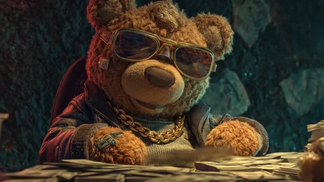 Animated teddy bear wearing sunglasses and gold chain sitting at a table