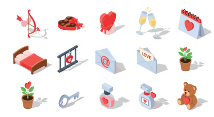 Isometric valentine&rsquo;s day icons romance, gifts, and celebrations