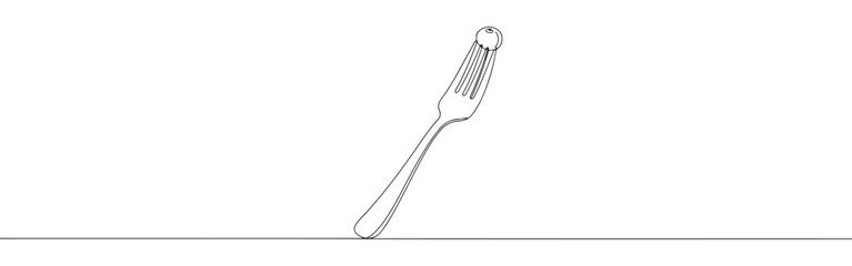 A continuous line drawing of a fork with a single olive impaled on one of its tines, presented in a minimalist style on a white background.