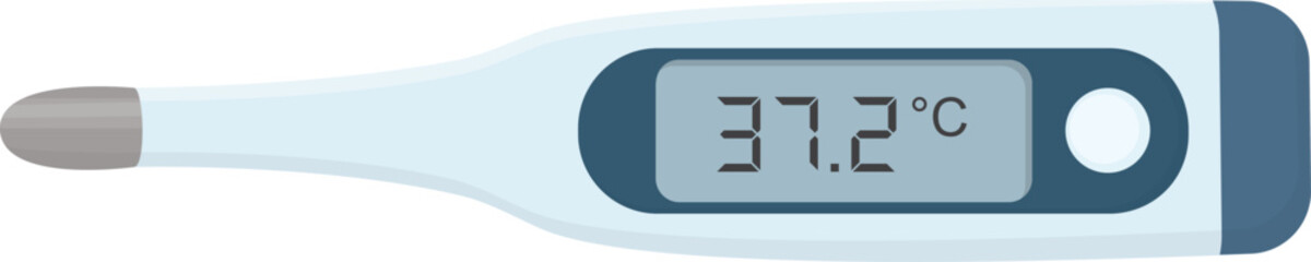 Illustration of digital thermometer with LCD display. Medical device in light blue and deep blue tones isolated on white	
