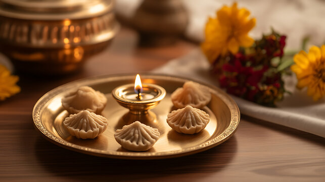 Golden plate with modak, a traditional sweet treat, and a diya, an oil lamp, symbolizing light over darkness. Flowers complete this serene, spiritual scene.