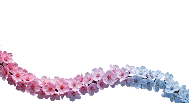 Blossom of Dreams: An enchanting garland of delicate pink and blue blossoms gracefully weaves across the scene, creating a sense of ethereal beauty and gentle elegance. 