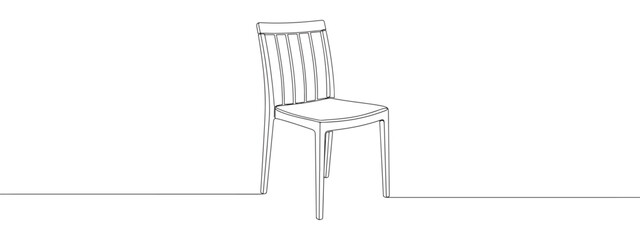 A continuous line drawing of a contemporary dining chair with a slatted backrest, showcasing a minimalist and clean aesthetic against a white background.