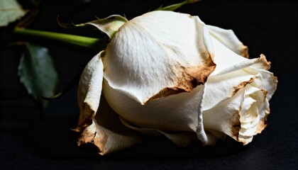 Fading Rose: Close-up of a delicate white rose, its petals bearing the gentle touch of time, resting against a dark backdrop.