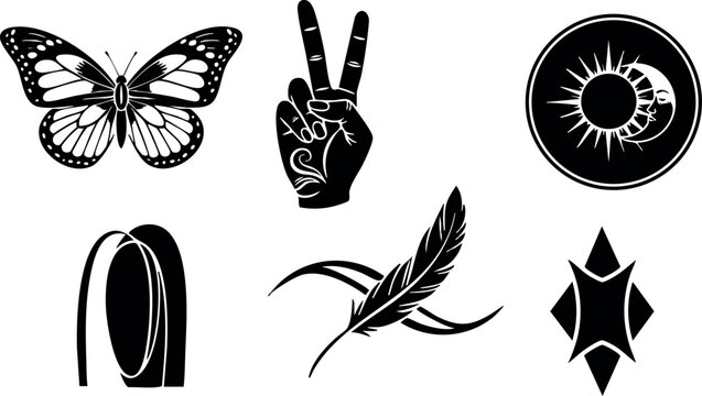 Black and white vector icons of butterfly peace sign sun moon feather and shield symbols artistic design