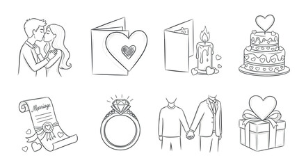 Fototapeta premium Romantic wedding and valentine's day elements in romantic linear style