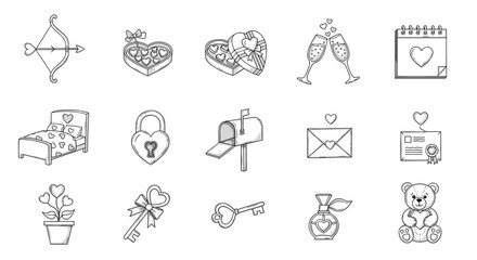 Charming romantic doodles featuring hearts, gifts, and love symbols