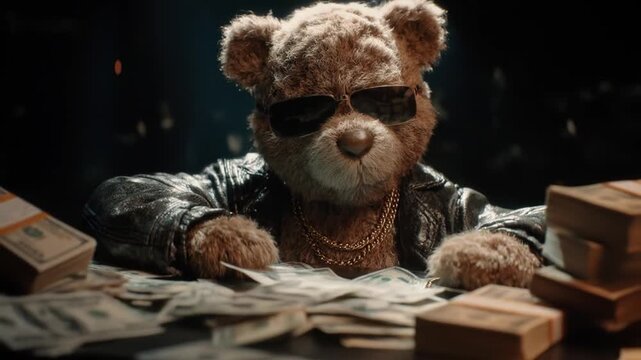 Animated teddy bear with sunglasses and leather jacket posed with cash and gold