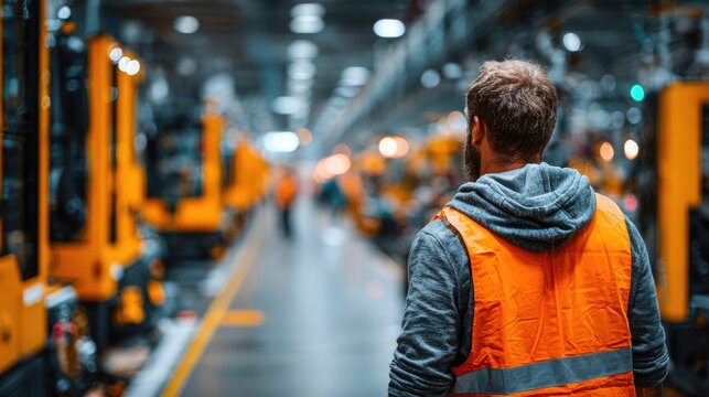 Factory worker inspecting machinery