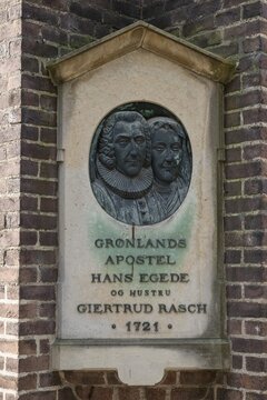 Memorial plaque for the Norwegian Greenland missionary and Lutheran pastor Hans Poulsen Egede and his woman Giertrud Rasch, Copenhagen, Denmark