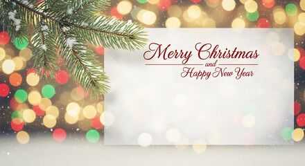 Merry Christmas and Happy New Year greeting card, blurred background of the twinkling lights of the Christmas tree. Greeting card background. Text space. 
