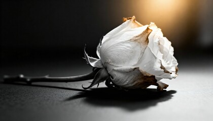 White Rose's Gentle Embrace: A pristine white rose, its delicate petals touched by the softest shadows, rests gently, evoking sentiments of fragility and grace.