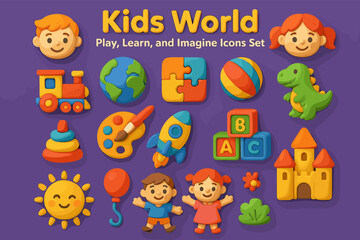 Fototapeta premium Kids World Icons Set – Play, Learn, and Imagine in Colorful 3D Style
