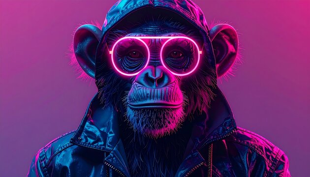 A close-up digital rendering of a primate wearing futuristic eyewear and a hooded jacket, bathed in neon-colored light