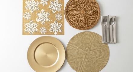 Gold Charger, Wicker and Round Placemat with Cutlery on Napkin on White Surface