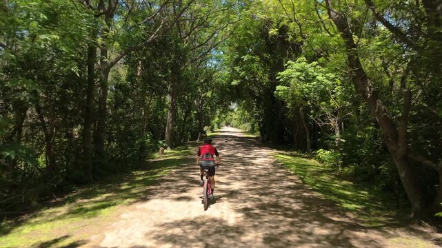 Male cyclist training outdoor. Aerial view, drone following, tracking shot. Cyclist riding a Mountain Bike MTB through a city natural reserve / park. Gravel biking concept. Cyclist red cycling jersey.