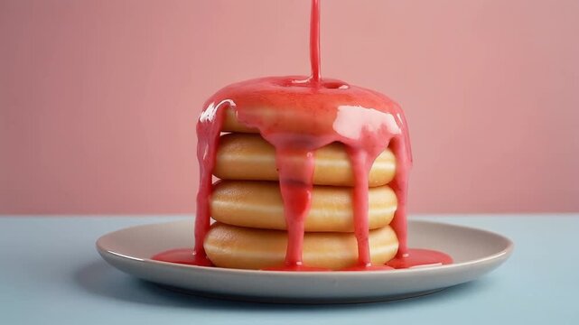 Generous pink glaze cascades over a stack of plain donuts, artfully presented on a plate against a contrasting pastel background, evoking a sweet and indulgent dessert experience