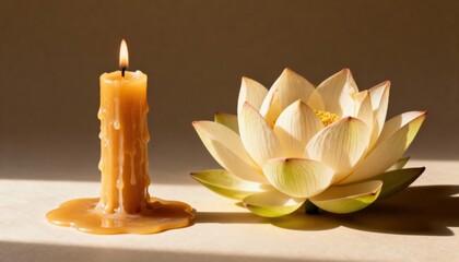 Illuminating Serenity: A lit candle casting a warm glow alongside a delicate lotus flower, symbolizing peace and tranquility, creating a serene ambiance.