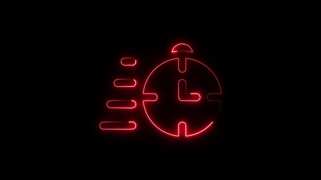 Red neon stopwatch timer icon glowing on black background symbolizing speed urgency deadline fast motion quickness