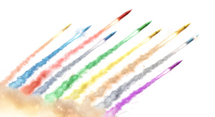 Colorful smoke trails from rockets in the sky isolated on transparent background