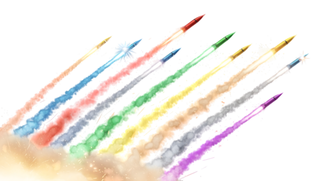 Colorful smoke trails from rockets in the sky isolated on transparent background