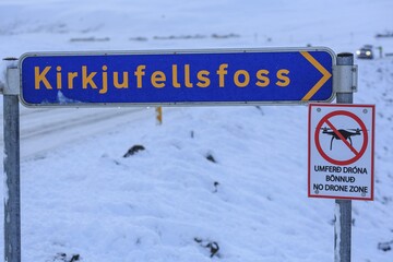 No drone sign at a tourist attraction, winter, Kirkjufellsfoss, Iceland