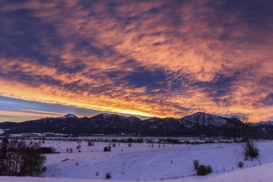 Dawn, clouds over mountains, winter, snow, Loisach-Lake Kochel moor, Kochler mountains behind, Bavaria, Germany
