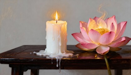 Illuminating Serenity: A lit candle casting a gentle glow alongside a delicate lotus flower on a rich, antique wooden table, creating a serene ambiance that embodies peace and reflection.