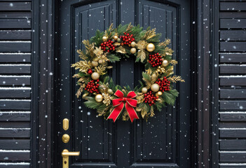 Ornate gold and red Christmas wreath on a dark wooden door, snow falling gently