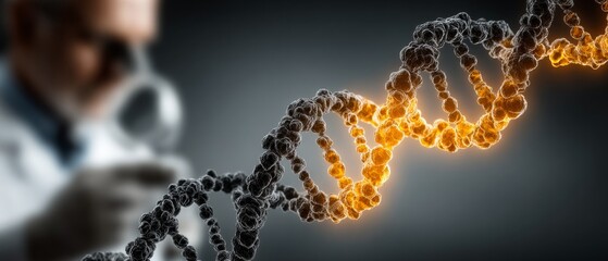 Bioinformatics breakthroughs: navigating the digital age of genomics. Modern graphics. A dive into advanced science: vivid depiction of genomic research and technology. Cinematic glow.