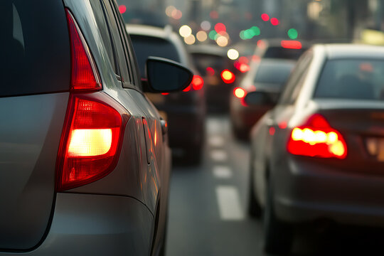 A traffic jam with blurred lights of the cars ahead. Evening rush hour with a line of cars, waiting for their turn to move. City life with busy traffic and red taillights.