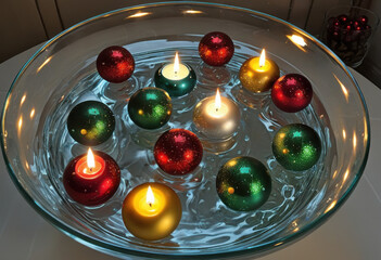 Christmas baubles floating in a glass bowl with water and floating candles