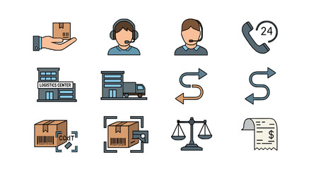 Flat style logistics and customer service icons with delivery and communication elements