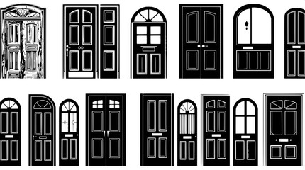 “A vector-style design reference sheet showcasing multiple door silhouettes arranged in a 3x5 layout. Each door is black with white accents, depicting different design eras — from rustic wooden styles